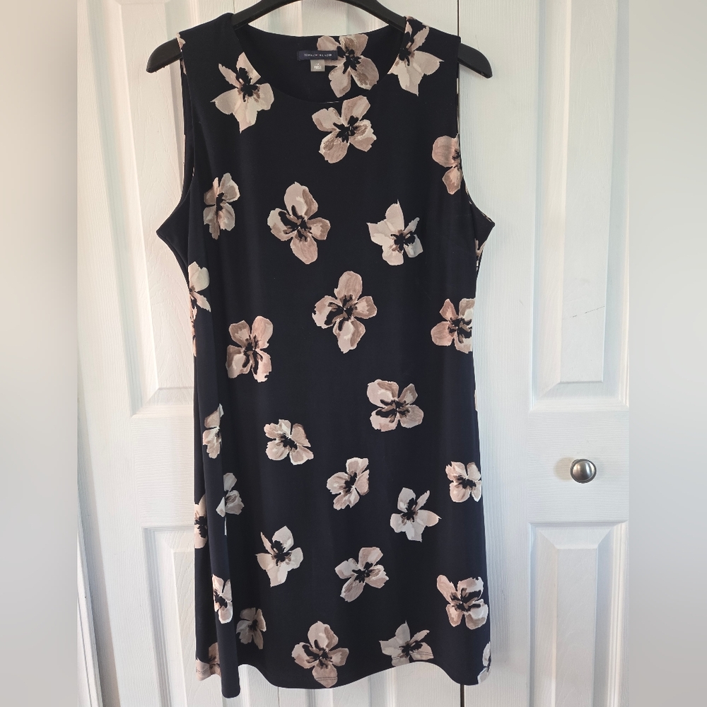 Womens Tommy Hilfiger Dark Blue And Tan Floral Sleeveless Midi Dress, Size 14